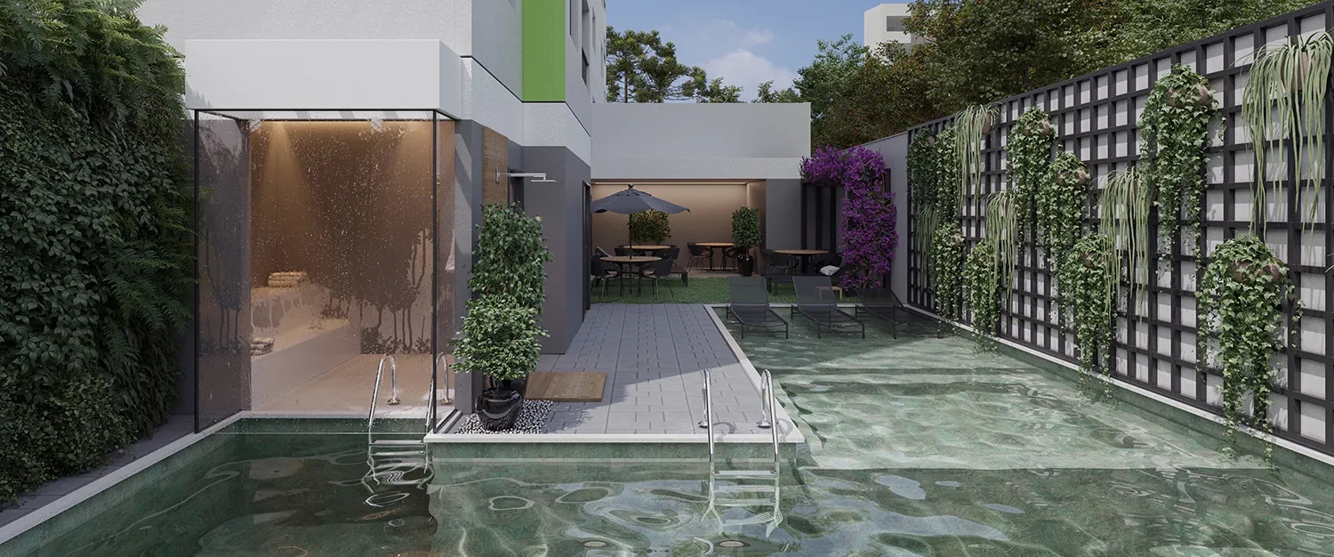 Piscina integrada à sauna no térreo do empreendimento PIN Barra Funda em Barra Funda, São Paulo